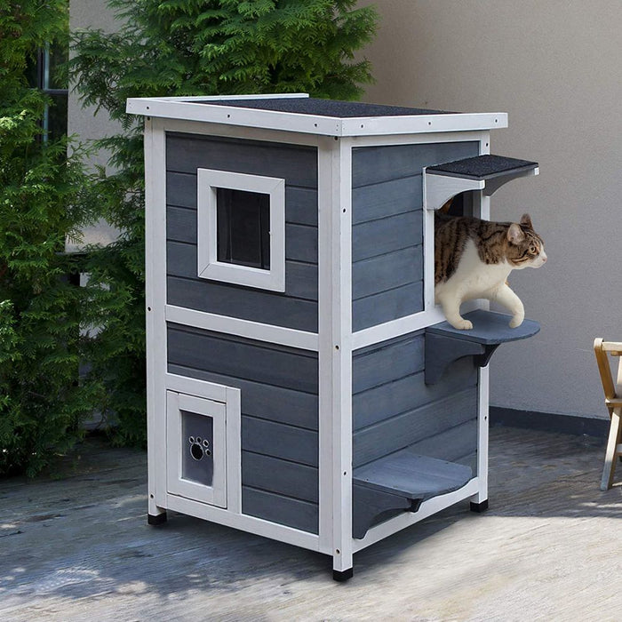 Wood 2-Floor Cat Condo Pet House Kitten Shelter with Window - Gray Pawhut