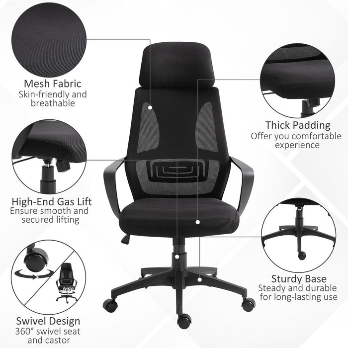 Premium Mesh Back Office Chair - Adjustable Height & Padded Headrest - High Quality & Comfortable - All Black Vinsetto