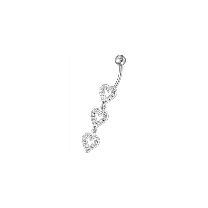 Triple Heart Dangling Fancy Multi Jeweled Curved Bar Belly Ring