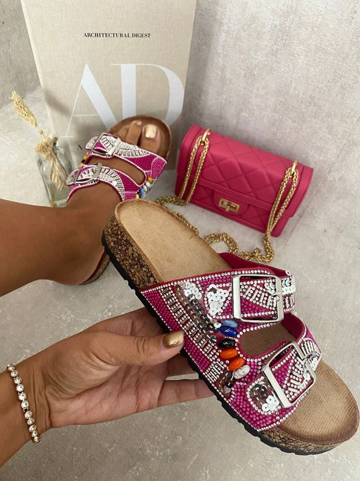 Leslie Rhinestone Double Buckle Slides: Glamorous & Comfortable Slip-On Sandals