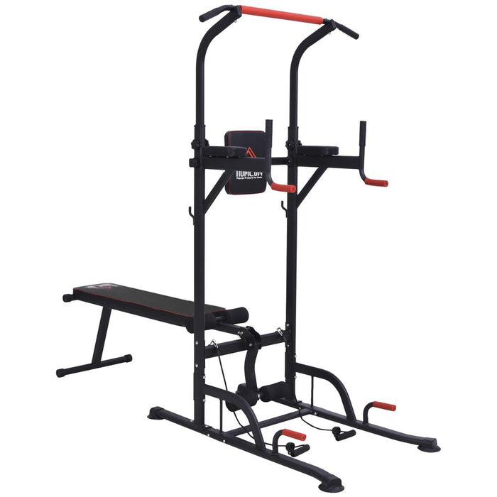 HOMCOM Multifunction Power Tower Home Workout Dip Station w/Sit-up Bench Push-up Bars and Tension Ropes Fitness Equipment Office Gym Training