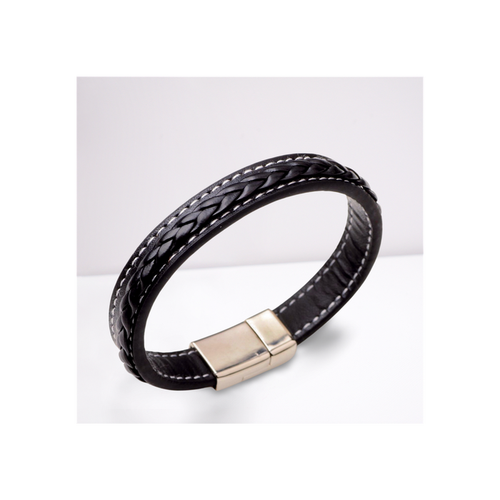 Premium Black Leather Bracelet: Men's Faux, Magnetic Clasp, Great Gift Option