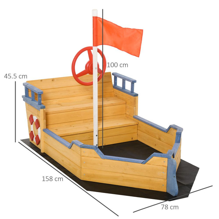 Kids Wooden Sandbox Pirate Ship Sandboat w/ Bench Seat Storage Space