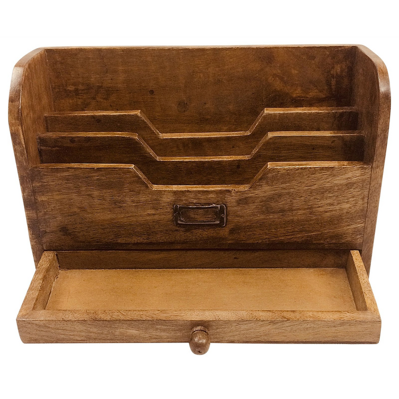 Classic Letter Rack: Varnished Mango Wood, Drawer, Metal Nameplate - 31x11x20cm