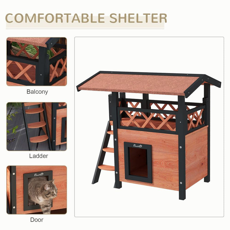 PawHut Outdoor Cat House with Balcony Stairs Roof Brown