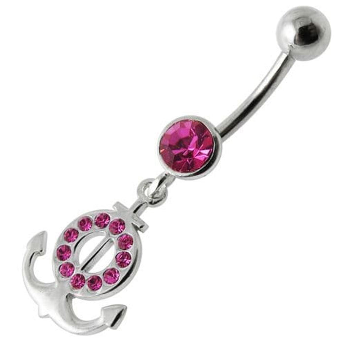 Silver Fancy Multi Jeweled Logo Dangling Banana Bar Belly Ring