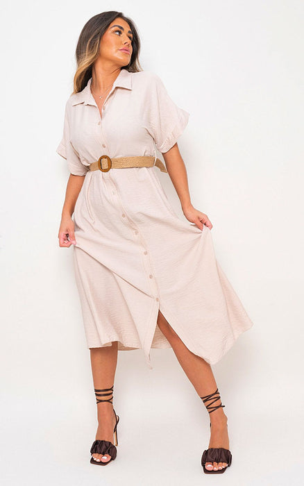 Syeda Button Down Collared Dress: Chic & Fashion-Forward Midi with Belt Detail