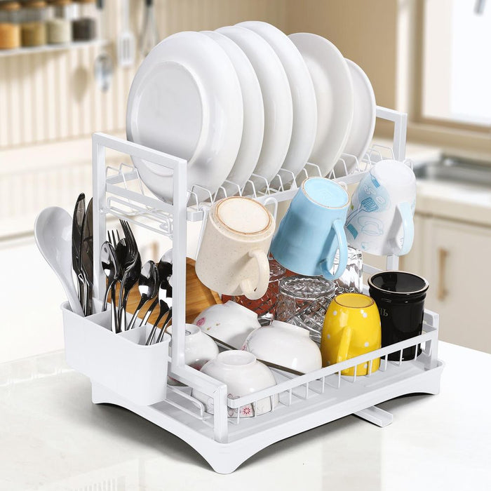 Vinsani Dish Drying Drainer Rack 2 Tier Space Saving Dish Rack Modern Kitchen Drying Rack with Cutlery Holder Auto Drainage System Dish Draining Rack for Kitchen Countertop (White)