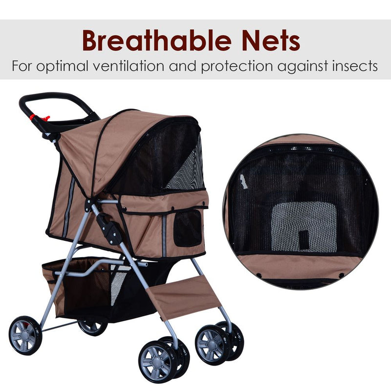 PawHut Pet Stroller for Small Miniature Dogs Cats Foldable Travel Carriage with Wheels Zipper Entry Cup Holder Storage Basket Brown