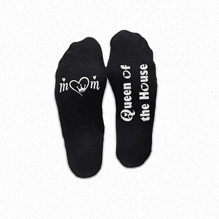 Flo Novelty Cotton Mid Calf Socks, Funny Slogans, Queen of the House, Black