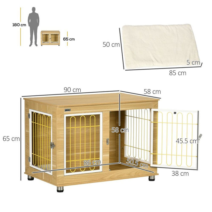 Luxury Dog Crate Furniture - End Table with Cushion, Double Door - Oak Tone