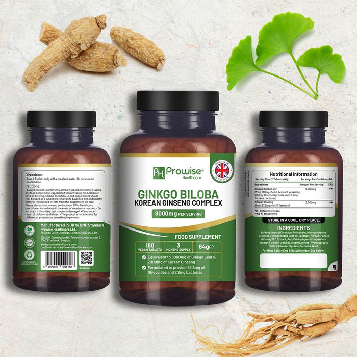 Ginkgo Biloba & Korean Ginseng Tablets 8000mg 180 Vegan by Prowise - Clarity, Focus, & Longevity