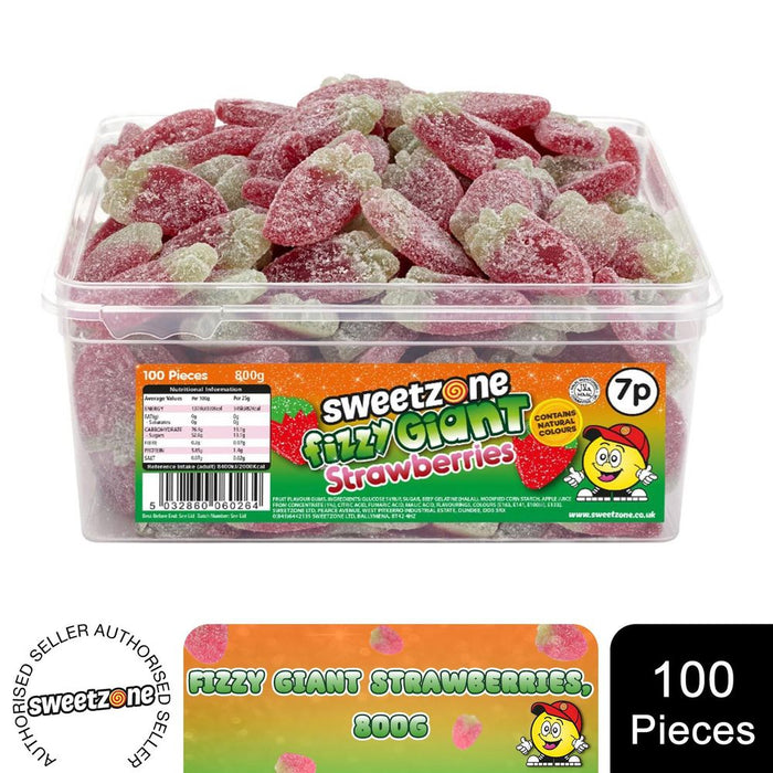 SweetZone Halal Fizzy Giant Strawberries - 800g Tub, Gluten-Free, 100 pcs