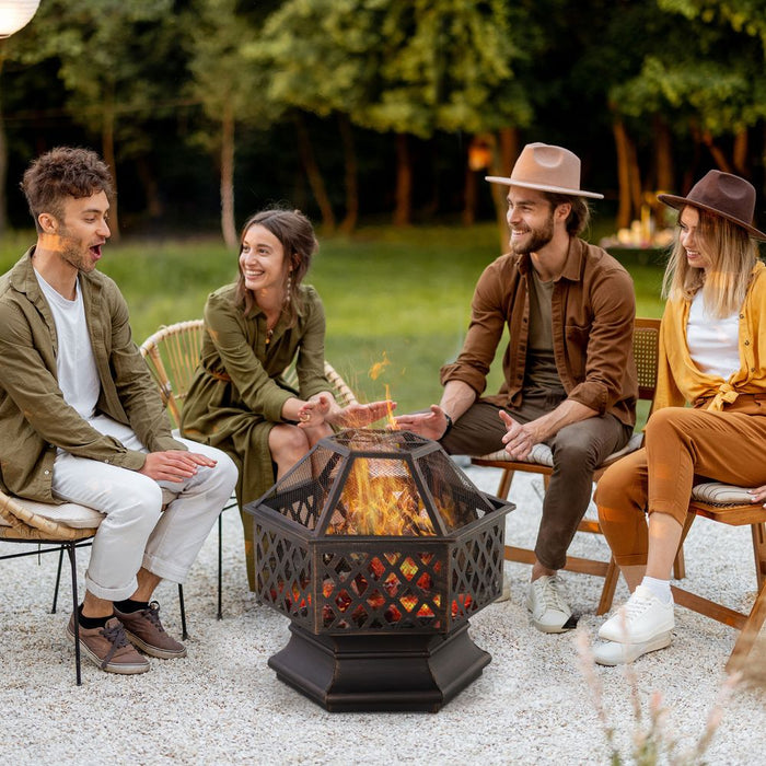 Premium Outdoor Fire Pit with Screen Cover - Portable Wood Burning Firebowl