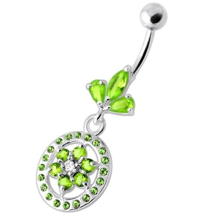 Flower in multi Jeweled Round Frame Navel Bar