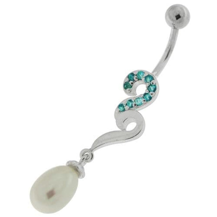 Pearl Jeweled Fancy Silver Dangling Banana Bar Navel Belly Ring