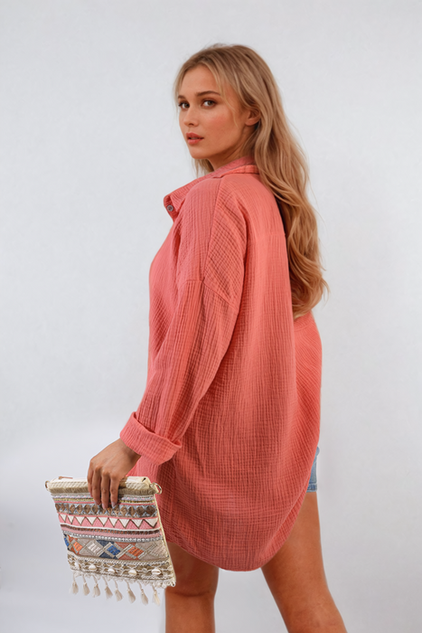 Effortlessly Stylish Clemmie Button Down Shirt - Oversized & Long Sleeve - Lightweight Comfort - Perfect All Occasion - Pink