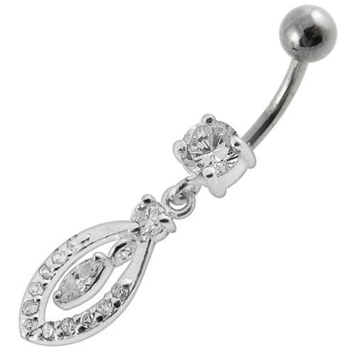 Jeweled Fancy Silver Dangling SS Bar Banana Belly Ring