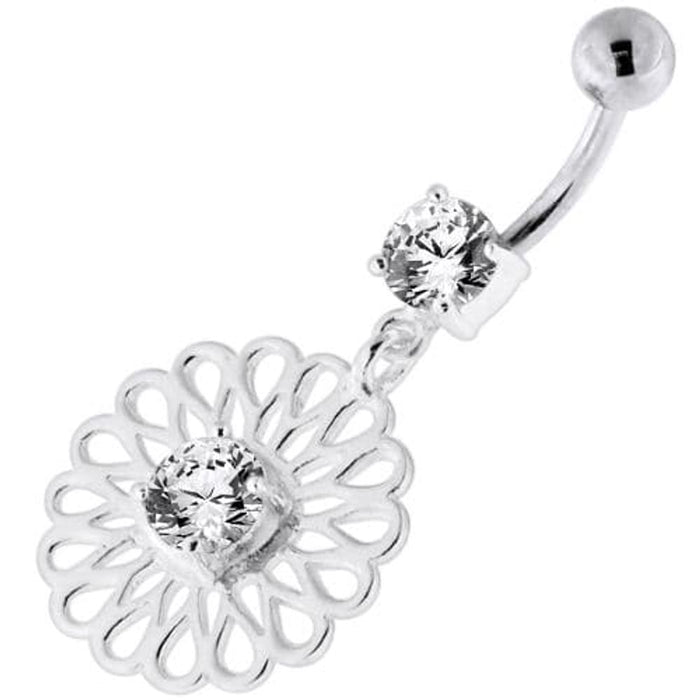 Center Jeweled Fancy Flower Pattern Navel Belly Piercing