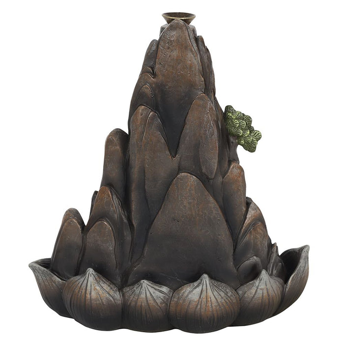 Stunning Bronze Mountain Backflow Burner - Quality Crafted incense holder w/ captivating smoke flow & beautiful Japanese bonsai accent - 18cm tall