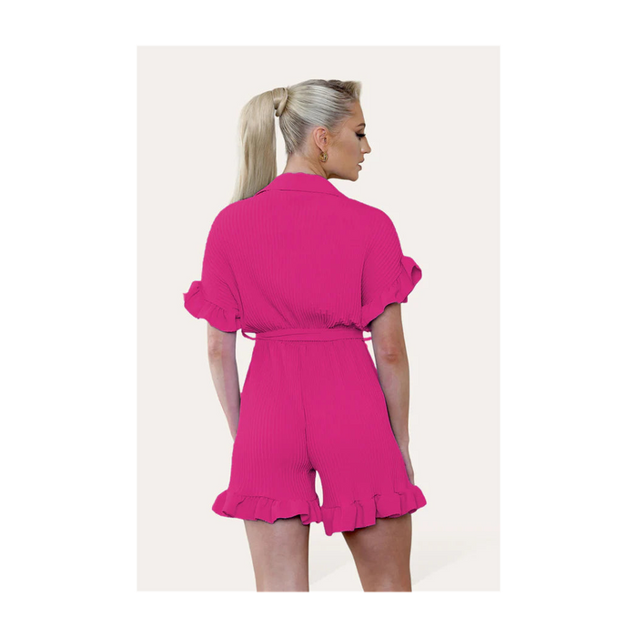 Pleated Ruffle Shirt Short Playsuit With Frill Hems