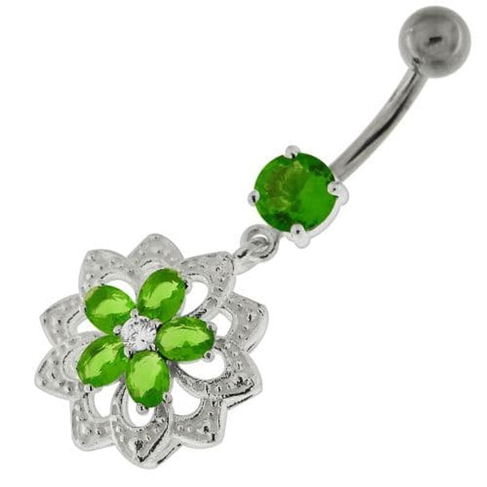 Jeweled Filigree Flower Sterling Silver Belly Button Ring