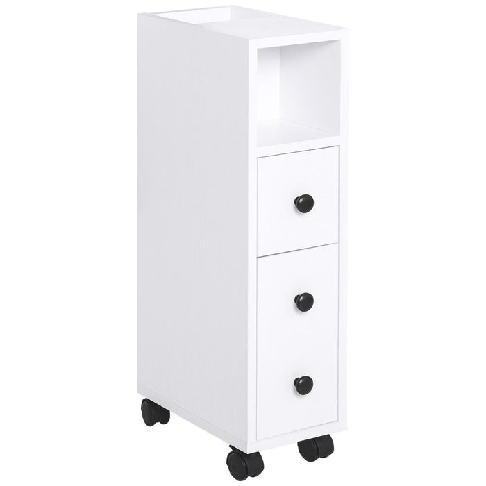 Slimline Bathroom Storage Unit w/ 2 Drawers 2 Open Compartments Wheels White