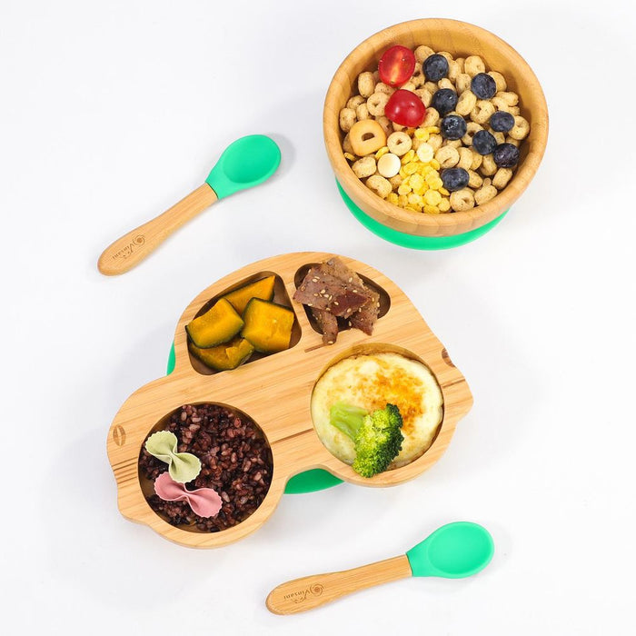 VINSANI BAMBOO CAR PLATE, BOWL & SPOON: Hypoallergenic, Non-Slip, BPA-Free, Easy to Clean