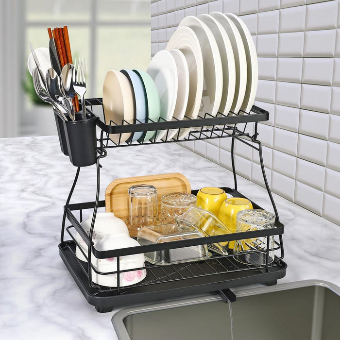 VINSANI BLACK DISH RACK 1010248 - Modern 2-Tier Design with Auto Drainage System - Large Capacity & Durable Quality - Easy Assembly