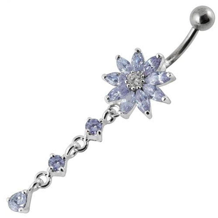 Flower Dangling Jeweled Curved Bar Belly Ring