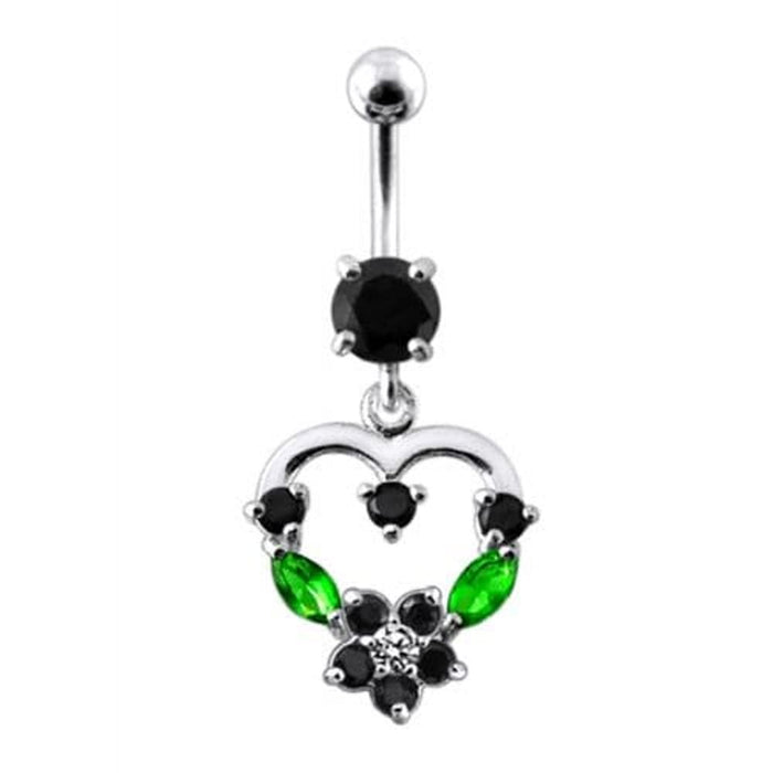 Silver Fancy Mix Color Jeweled Heart Dangling SS Bar Belly Ring