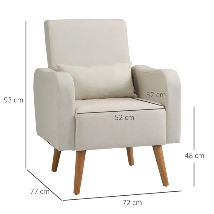 Nordic Armchair Linen-Touch Sofa Chair with Cushioned Pillow & Wood Legs Cream