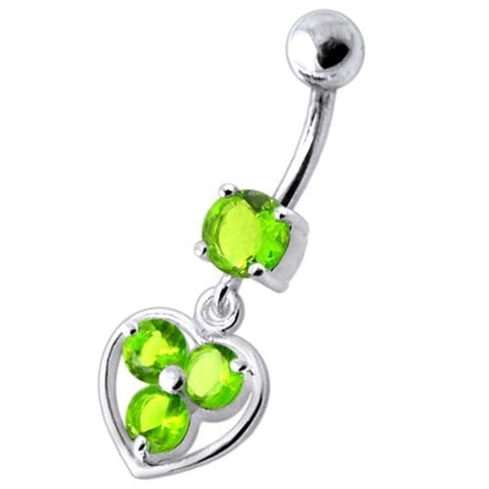 Jeweled Silver Heart Dangling SS Curved Bar Banana Belly Ring