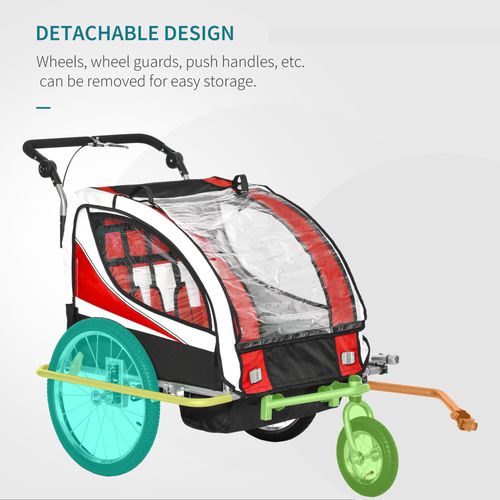 HOMCOM Child Bike Trailer, Baby Bicycle Trailer for 2 Kids with 5 Point Harness, Steel Frame, Reflectors, Safety Flag, Hitch Coupler, Red