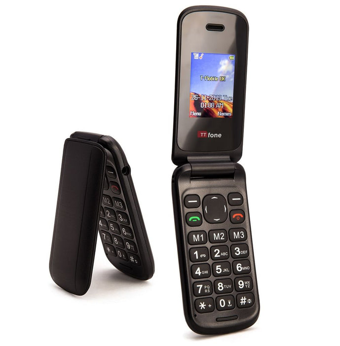 TTfone TT140 Black Flip Phone - USB Cable, Giff Gaff SIM Network - Unlocked