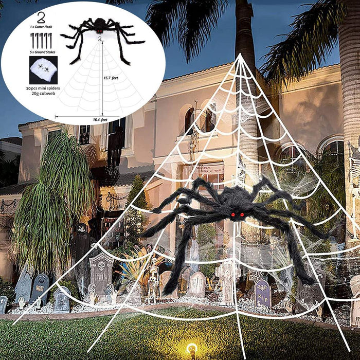 Giant Spider Web Halloween Decoration 5m with 20pcs Spiders and Large Spider