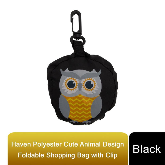 Haven Polyester Cute Animal Design Foldable Shopping Bag With Clip, Black