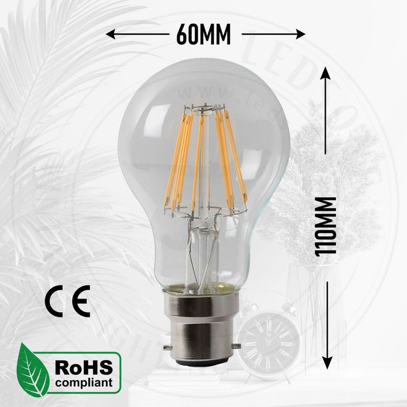 8W B22 LED Retro Vintage Light Bulbs - 2 Pack, 6000K Cool White, Filament Design - Ideal for Pendants, Chandeliers, and Decorative Fixtures