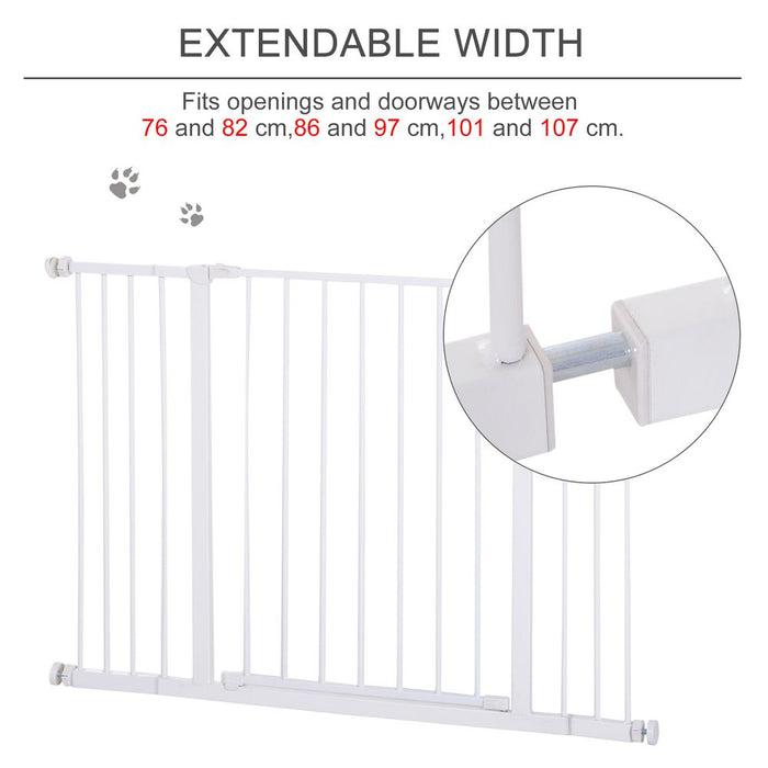 PawHut Dog Gate Pet Safety Gate Stair Barrier Pressure Fit Adjustable 76-82/86-97/101-107 cm, White