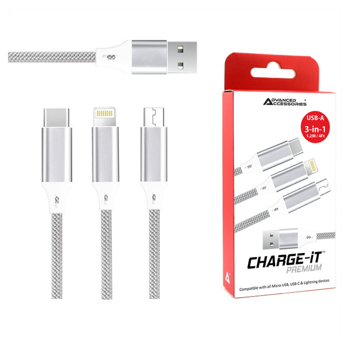 AA CHARGE-iT Premium 3in1 USB Cable - 8 Pin/USB-C/MicroUSB - Universal Charging - Reversible Connectors