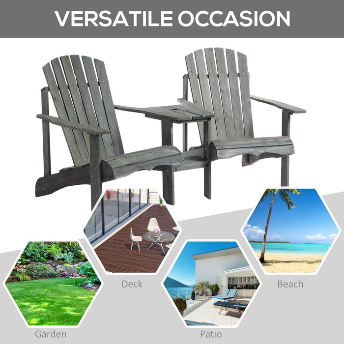 Wooden Double Adirondack Chairs Loveseat & Center Table & Umbrella Hole, Grey