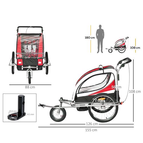 HOMCOM Child Bike Trailer, Baby Bicycle Trailer for 2 Kids with 5 Point Harness, Steel Frame, Reflectors, Safety Flag, Hitch Coupler, Red