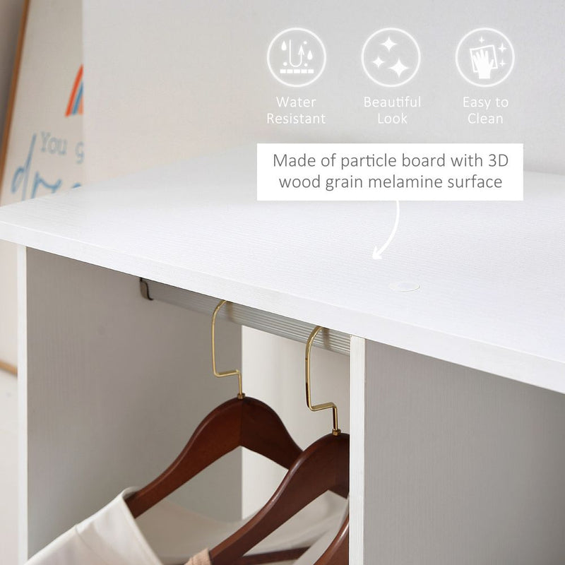 Mobile Double Open Wardrobe w/ Clothes Hanging Rail Colthing White