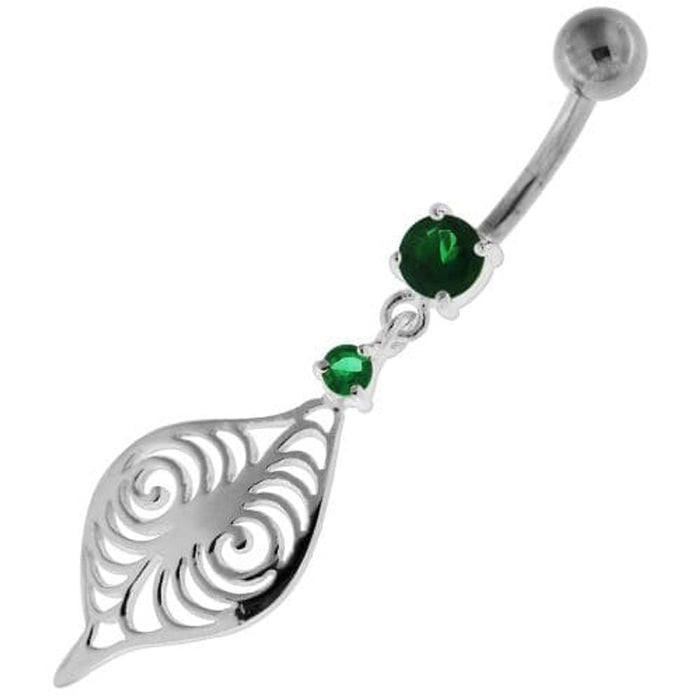 Flower Leaf Jeweled Sterling Silver Navel Belly Button Bar