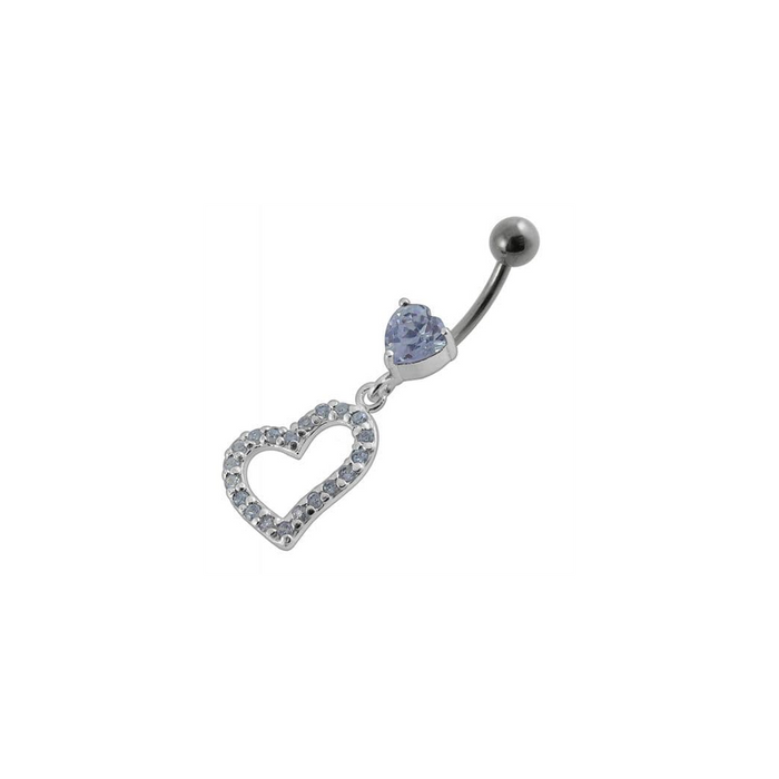 Jeweled Fancy Heart Loop Silver Dangling SS Banana Navel Ring