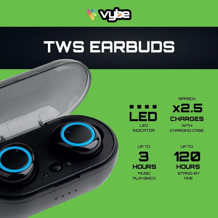 Vybe TWS Earbuds - 3H Music Playback, LED Indicator - Black