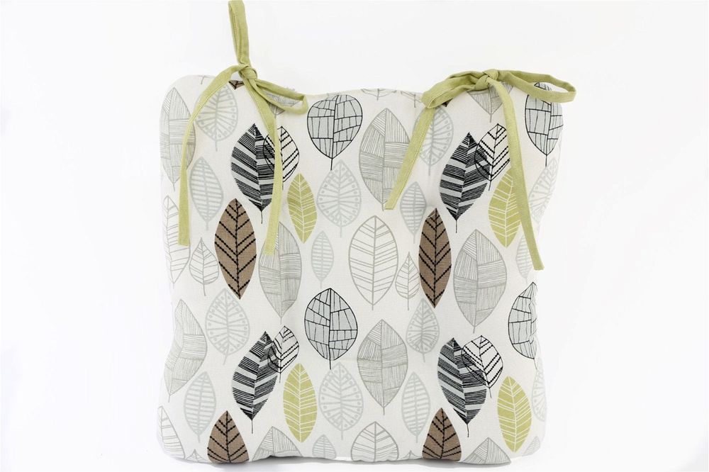 Contemporary Green Leaf Print Seat Pad - 100% Cotton, Machine Washable, 36cm