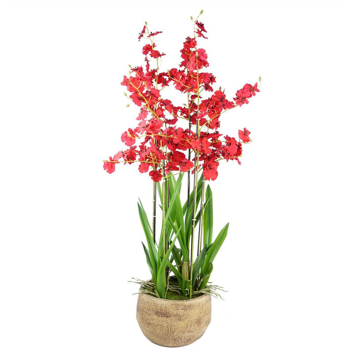 90cm Oncidium Artificial Orchid Red in Stoneware Planter