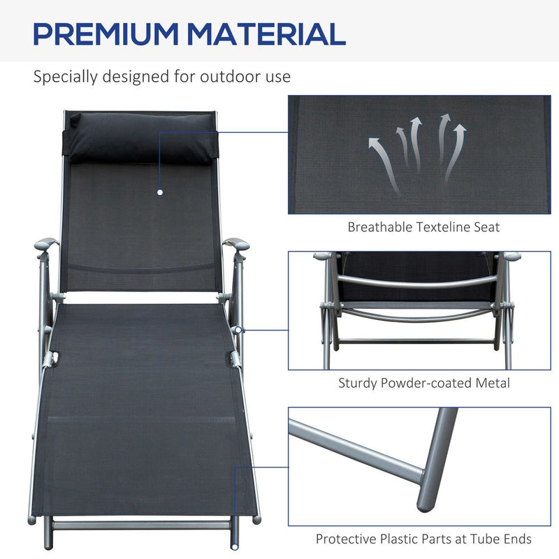 Premium Black Foldable Sun Lounger Recliner - 7 Levels- Textilene - Patio