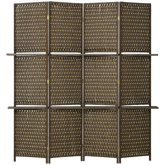 4-Panel Folding Wall Divider Room w/ Shelves, Privacy Screen Panels, Brown